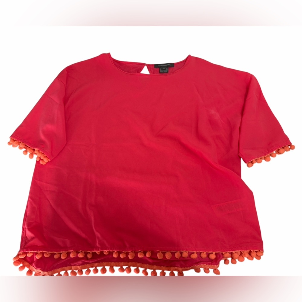 French Connection Coral Short Sleeve Pom Pom Top Small Vacation Beach Resort